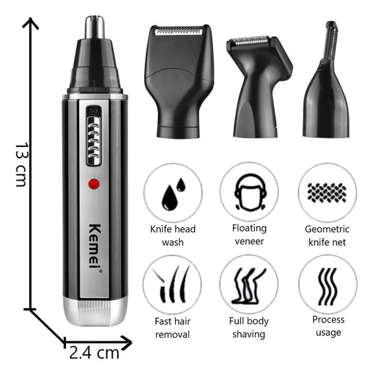 Kemei 4-in-1 Rechargeable Nose & Beard Trimmer for Men – Ear, Eyebrow & Hair Removal Kit