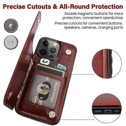 Wallet Leather Flip Case with Card Slots & Stand – iPhone 16 / 15 / 14 / 13 / 12 / 11 Series