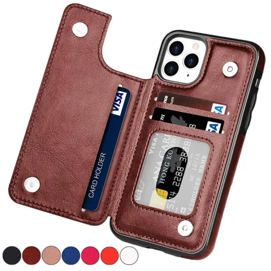Wallet Leather Flip Case with Card Slots & Stand – iPhone 16 / 15 / 14 / 13 / 12 / 11 Series