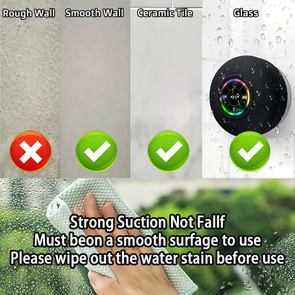 Portable Wireless Bluetooth Speaker – IPX4 Waterproof, LED Light & Suction Cup Mount