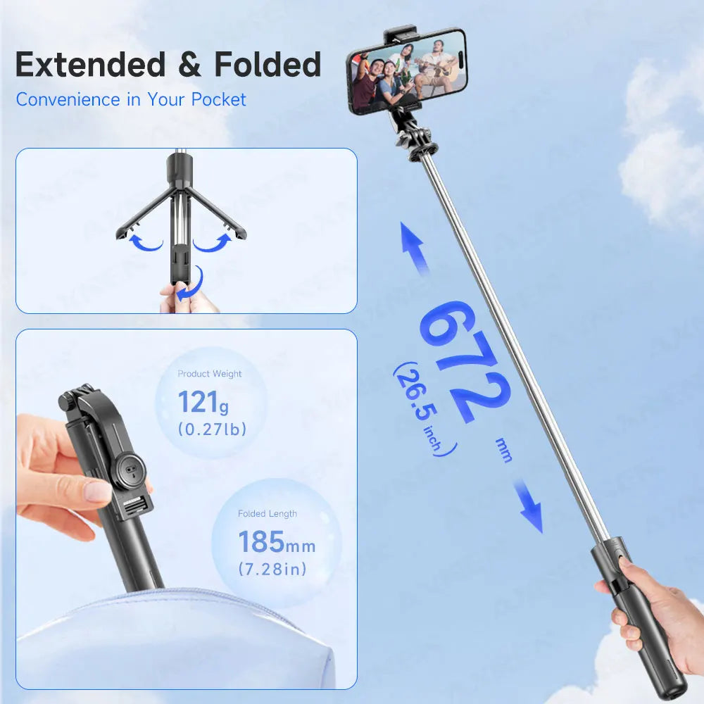 Bluetooth Selfie Stick & Tripod Stand – 2-in-1 with Wireless Remote, 360° Rotation & Optional Fill Light