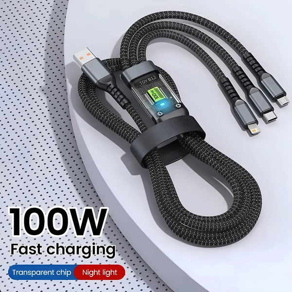 3-in-1 Fast Charging Cable – 100W USB-A to USB-C / Micro USB / Lightning, 1.2m