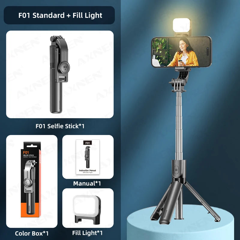 Bluetooth Selfie Stick & Tripod Stand – 2-in-1 with Wireless Remote, 360° Rotation & Optional Fill Light