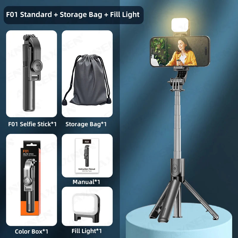 Bluetooth Selfie Stick & Tripod Stand – 2-in-1 with Wireless Remote, 360° Rotation & Optional Fill Light