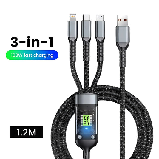 3-in-1 Fast Charging Cable – 100W USB-A to USB-C / Micro USB / Lightning, 1.2m