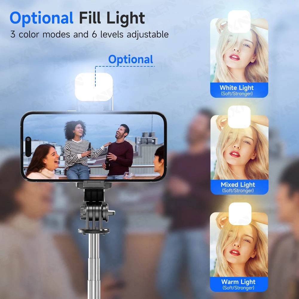 Bluetooth Selfie Stick & Tripod Stand – 2-in-1 with Wireless Remote, 360° Rotation & Optional Fill Light